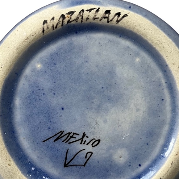 Vintage Signed Tonala Mug w/Hand Painted Bird Flowers Blue Mexican Pottery Boho - Picture 7 of 8